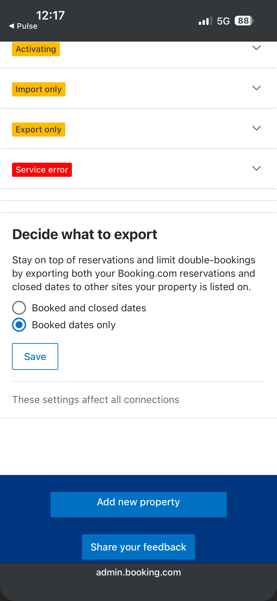 Booking.com nastavení exportu s vybranou volbou Booked dates only