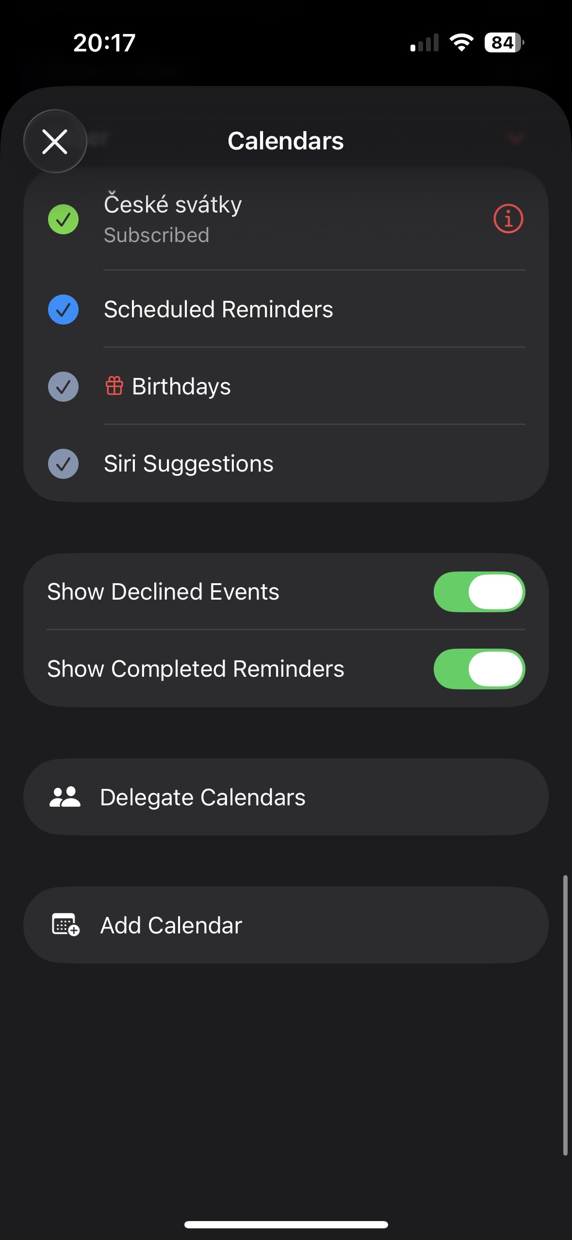 Seznam kalendářů v iPhone Kalendáři s volbou Add Calendar