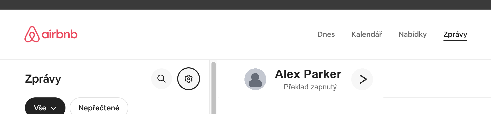 Airbnb Zprávy s ikonou nastavení