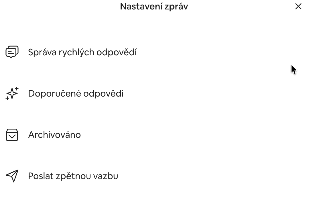 Airbnb Nastavení zpráv se správou rychlých odpovědí
