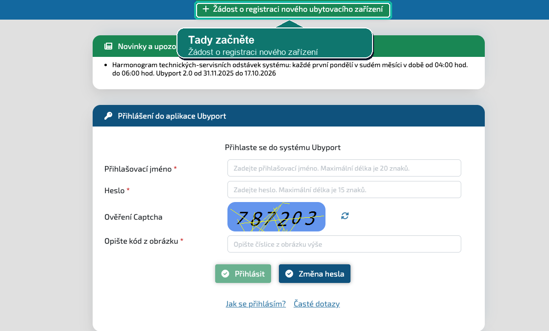 Ubyport: tlačítko Žádost o registraci nového ubytovacího zařízení